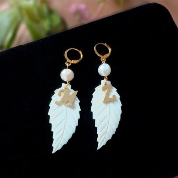 Picture of Personalized Initial Name Mother of Pearl Leaf Earrings